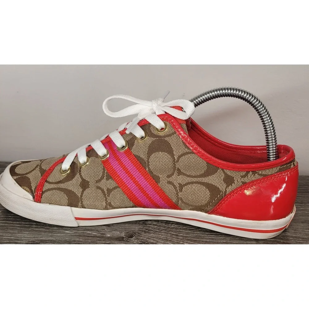 COACH Folly Womens 8.5 B Signature C Canvas Red Patent Trim Sneakers Q1024